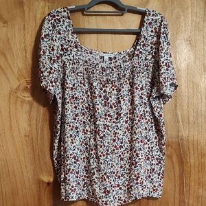 Zac&Rachel Ditsy Floral Smocked Blouse Red Navy Gold Square Neck Short Sleeve XL